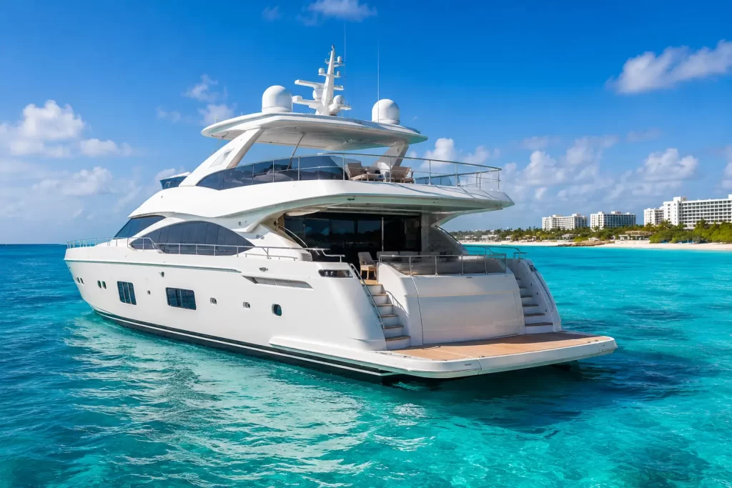Luxury superyacht cruising turquoise waters in Cancun, highlighting the private yacht experience, onboard amenities and services included in a Cancun charter.